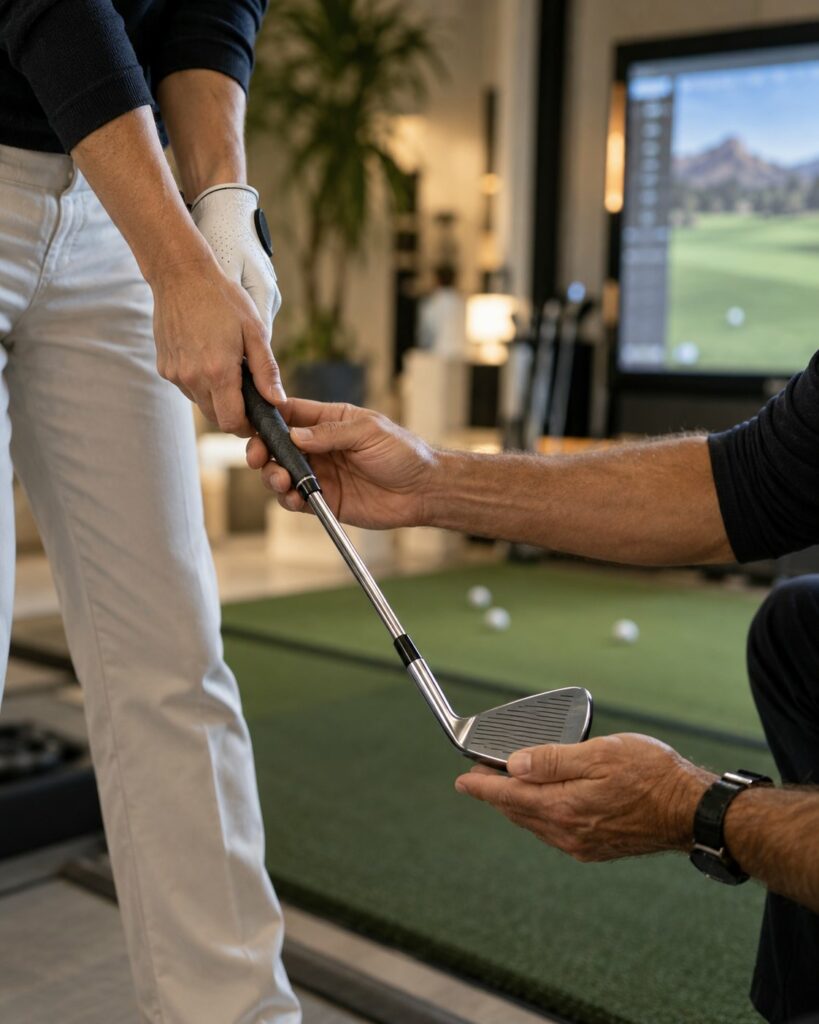A golfer practising on an indoor simulator in Marrakech